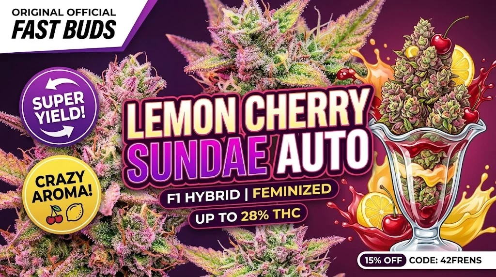 Fast Buds Lemon Cherry Sundae Auto F1 Hybrid – Cannabis Sorte Thumbnail mit Blüten, Eisbecher-Illustration, 28% THC Angabe und 15% Rabattcode 42FRENS