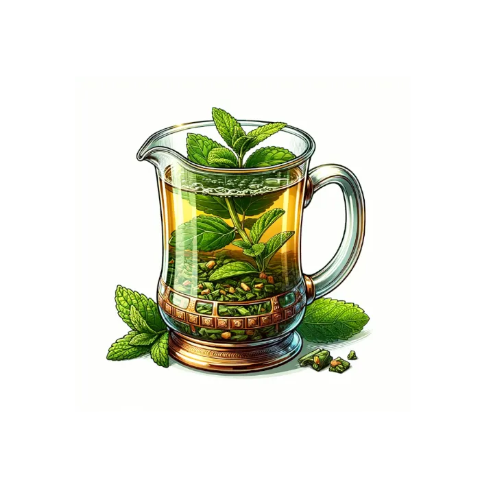 Illustration eines Glasgefäßes mit frischem Kräutertee, der an Cannabis-Tee erinnert – passend zur Cannabis-Tee-Anleitung und Cannabis-Tee-Zubereitung.